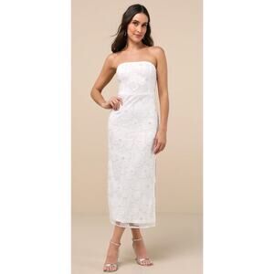 Lulus NWOT Loving Mentality White Tulle Beaded Strapless Midi Dress Formal S